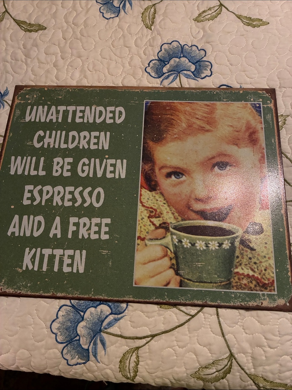 Vintage-Inspired Green 'Unattended Children' Wall Sign 2004